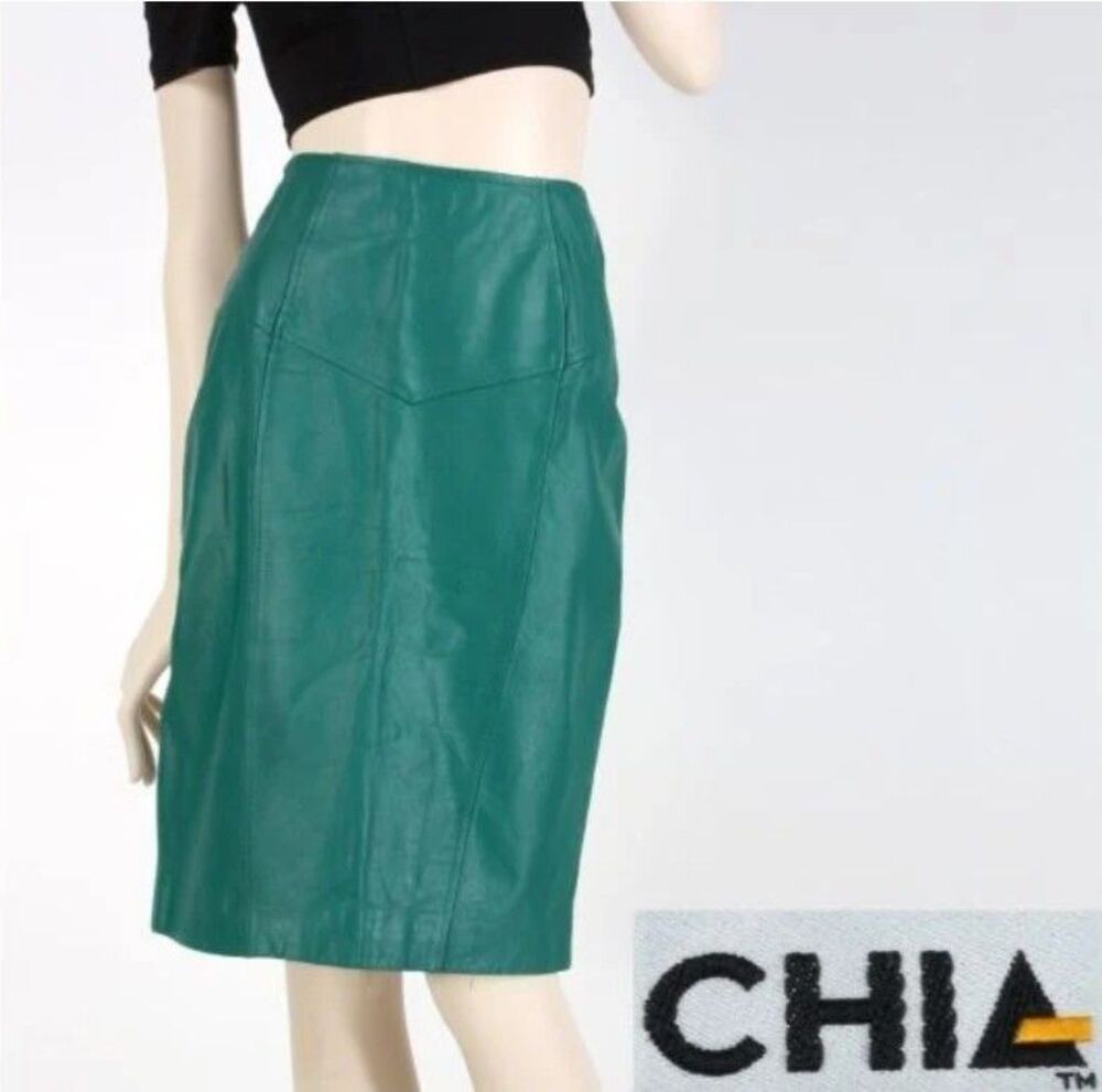 NEW VINTAGE Women's CHIA Green Genuine Leather Pencil Lined Skirt US 6 Designer